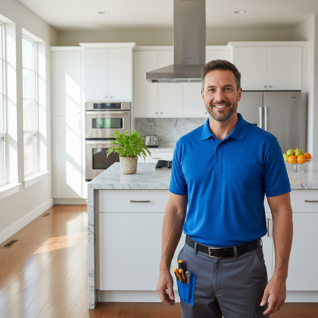 Smiling appliance repair technician in a modern kitchen